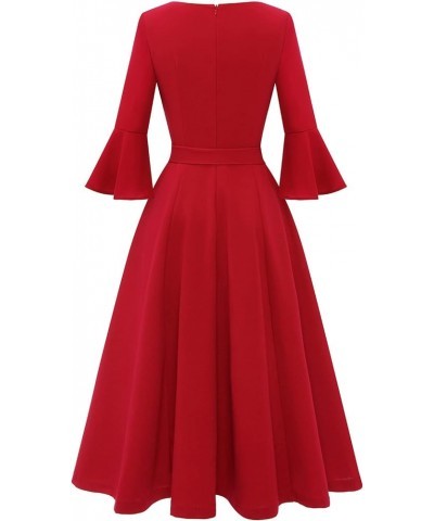 Women's Elegant Bell Sleeve Cocktail Party Dresses for Wedding Guest Fit and Flare Modest Church Midi Evening Dress Red $23.4...