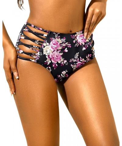 Women High Waisted Bikini Bottoms Tummy Control Swim Bottom Strappy Bathing Suit Bottom Black Floral $11.50 Swimsuits