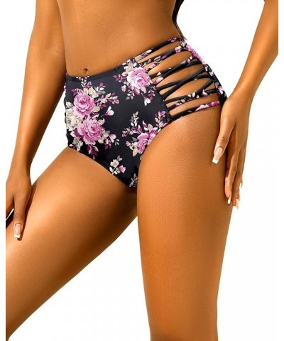 Women High Waisted Bikini Bottoms Tummy Control Swim Bottom Strappy Bathing Suit Bottom Black Floral $11.50 Swimsuits