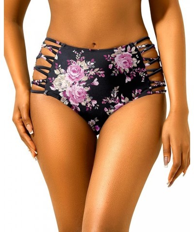 Women High Waisted Bikini Bottoms Tummy Control Swim Bottom Strappy Bathing Suit Bottom Black Floral $11.50 Swimsuits