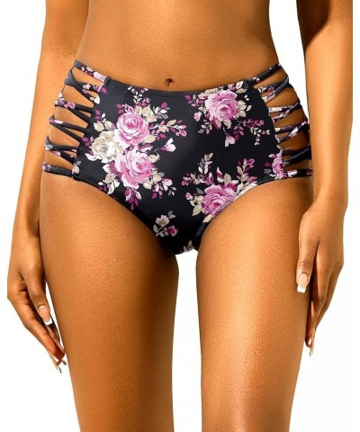 Women High Waisted Bikini Bottoms Tummy Control Swim Bottom Strappy Bathing Suit Bottom Black Floral $11.50 Swimsuits