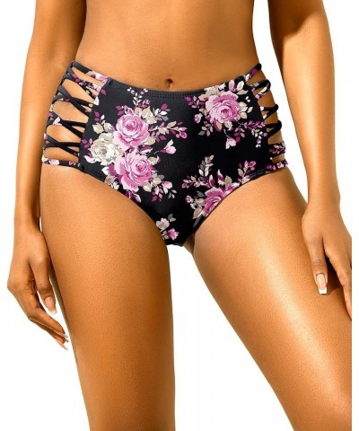 Women High Waisted Bikini Bottoms Tummy Control Swim Bottom Strappy Bathing Suit Bottom Black Floral $11.50 Swimsuits