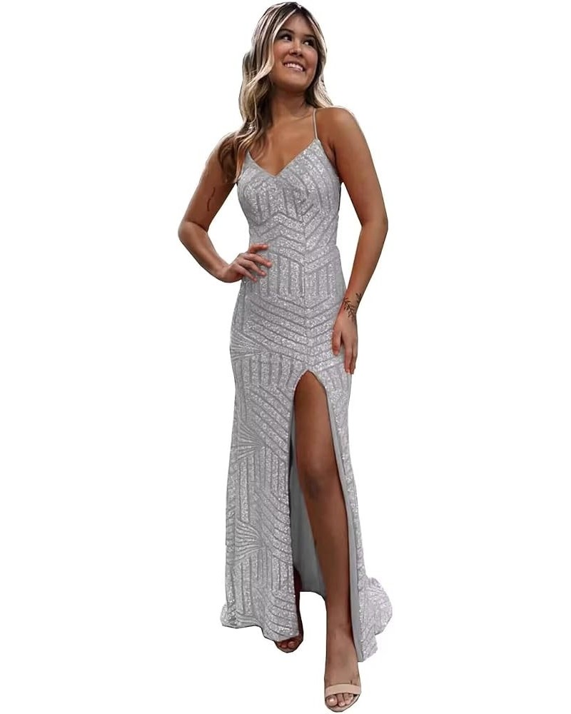 Mermaid Sequin Prom Dresses 2024 V Neck Sparkly Spaghetti Strap Formal Evening Party Dress with Slit CM251 Grey $26.00 Dresses