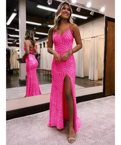 Mermaid Sequin Prom Dresses 2024 V Neck Sparkly Spaghetti Strap Formal Evening Party Dress with Slit CM251 Grey $26.00 Dresses