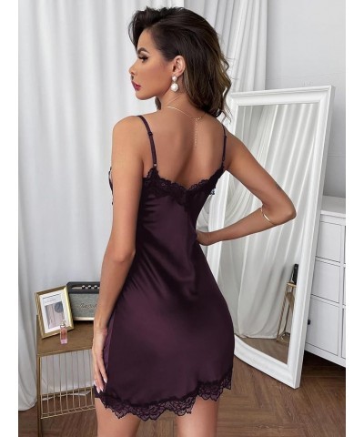 Women's Satin Lace Lingerie V Neck Sleeveless Nightgown Sleepwear Cami Dress Purple Lace $12.99 Sleep & Lounge