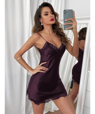 Women's Satin Lace Lingerie V Neck Sleeveless Nightgown Sleepwear Cami Dress Purple Lace $12.99 Sleep & Lounge