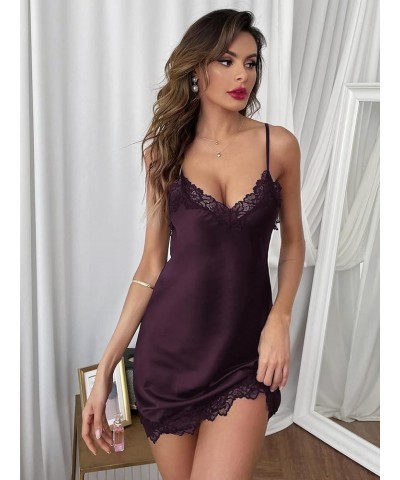 Women's Satin Lace Lingerie V Neck Sleeveless Nightgown Sleepwear Cami Dress Purple Lace $12.99 Sleep & Lounge