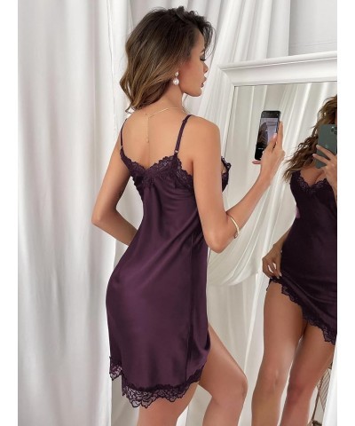 Women's Satin Lace Lingerie V Neck Sleeveless Nightgown Sleepwear Cami Dress Purple Lace $12.99 Sleep & Lounge