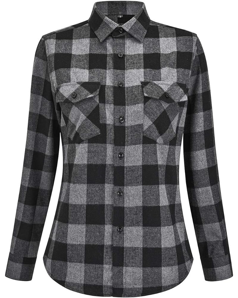 Womens Flannel Shirt Button Down Lightweight Long Sleeve Casual Checkered Top Grey Buffalo Plaid $11.18 Blouses