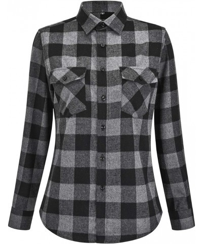 Womens Flannel Shirt Button Down Lightweight Long Sleeve Casual Checkered Top Grey Buffalo Plaid $11.18 Blouses