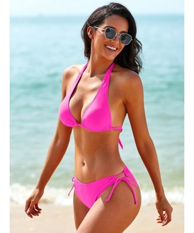 Women's Solid Halter Tie Side Bikini Set Two Piece Bathing Suit A Hot Pink $18.23 Swimsuits