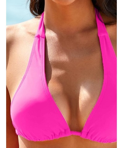 Women's Solid Halter Tie Side Bikini Set Two Piece Bathing Suit A Hot Pink $18.23 Swimsuits