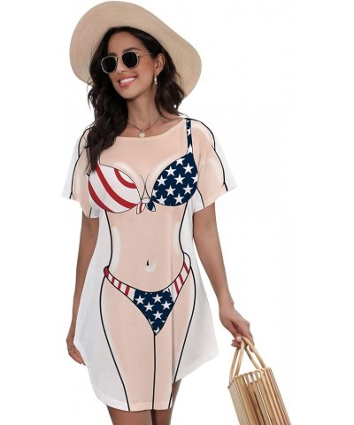 Women's Cute Bikini Printed T Shirt Dress Short Sleeve Baggy Shirt Beach Fun Swimwear Cover Up Dress Star Flag $14.99 Swimsuits