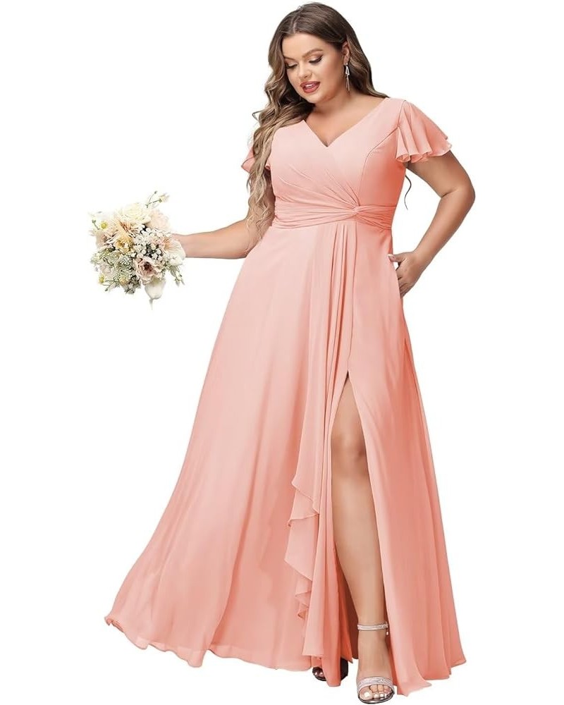 Women's Fultter Sleeves Bridesmaid Dresses Long with Slit Pleated Chiffon Formal Party Dresses with Pocket NA20 Coral $33.14 ...