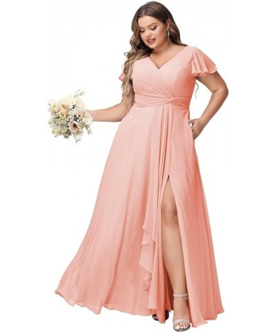 Women's Fultter Sleeves Bridesmaid Dresses Long with Slit Pleated Chiffon Formal Party Dresses with Pocket NA20 Coral $33.14 ...