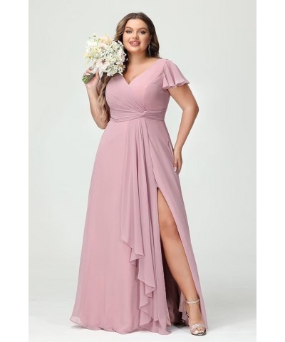 Women's Fultter Sleeves Bridesmaid Dresses Long with Slit Pleated Chiffon Formal Party Dresses with Pocket NA20 Coral $33.14 ...