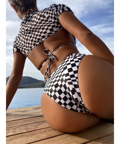 Women's 3 Pieces Checkered Tie Side Bikini Swimsuit with Cover Up Top Black and White $22.19 Swimsuits