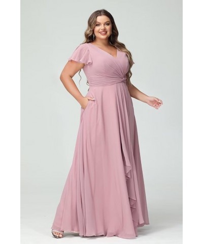 Women's Fultter Sleeves Bridesmaid Dresses Long with Slit Pleated Chiffon Formal Party Dresses with Pocket NA20 Coral $33.14 ...