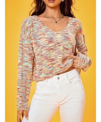 Women's V Neck Long Sleeve Space Dye Colorful Loose Cropped Sweater Pullover Multicolor $15.50 Sweaters