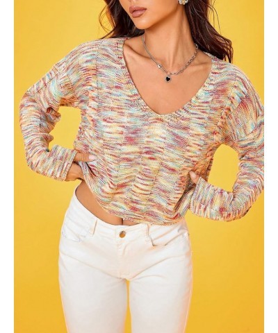 Women's V Neck Long Sleeve Space Dye Colorful Loose Cropped Sweater Pullover Multicolor $15.50 Sweaters