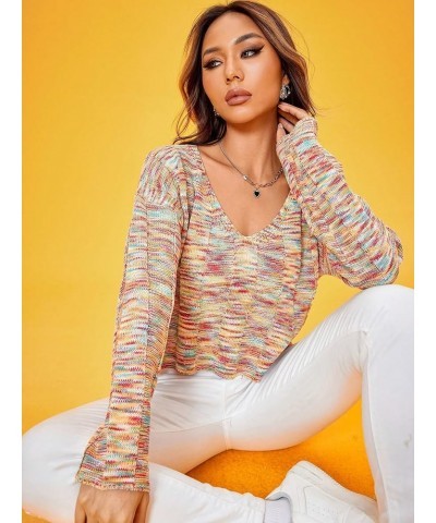 Women's V Neck Long Sleeve Space Dye Colorful Loose Cropped Sweater Pullover Multicolor $15.50 Sweaters