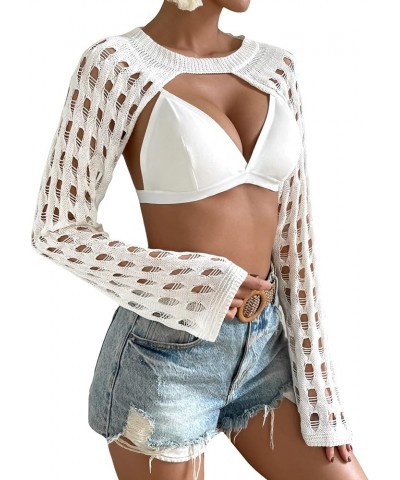 Women's Crochet Knit Crop Tops Hollow Out Long Sleeve Shrug Kimono Cover Up Swimwear White $9.66 Sweaters