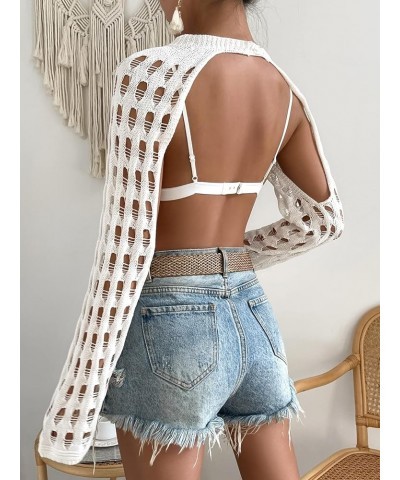 Women's Crochet Knit Crop Tops Hollow Out Long Sleeve Shrug Kimono Cover Up Swimwear White $9.66 Sweaters