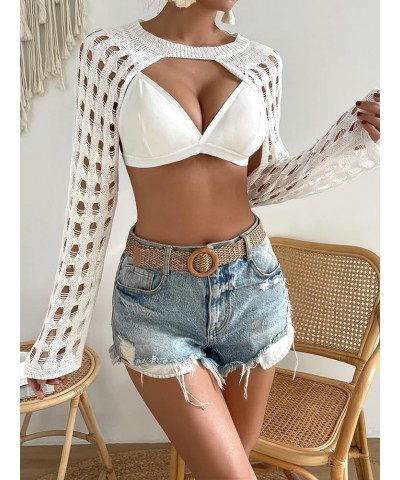 Women's Crochet Knit Crop Tops Hollow Out Long Sleeve Shrug Kimono Cover Up Swimwear White $9.66 Sweaters