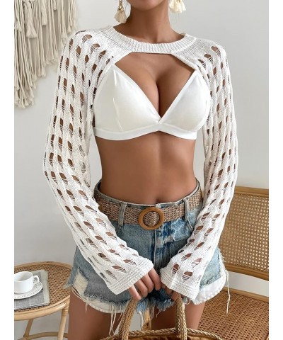 Women's Crochet Knit Crop Tops Hollow Out Long Sleeve Shrug Kimono Cover Up Swimwear White $9.66 Sweaters