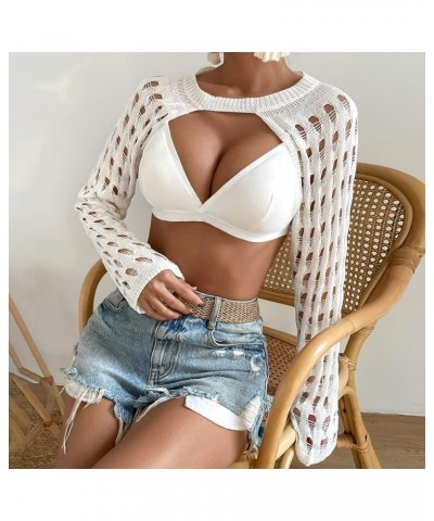 Women's Crochet Knit Crop Tops Hollow Out Long Sleeve Shrug Kimono Cover Up Swimwear White $9.66 Sweaters