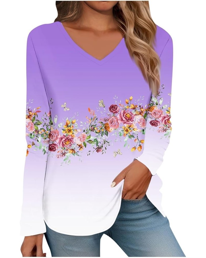 Long Sleeve Shirts for Women Womens Spring Fashion 2024 Going Out Tops Classic Graphic Tees Ladies V Neck Blouses 3-purple $7...