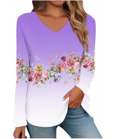 Long Sleeve Shirts for Women Womens Spring Fashion 2024 Going Out Tops Classic Graphic Tees Ladies V Neck Blouses 3-purple $7...