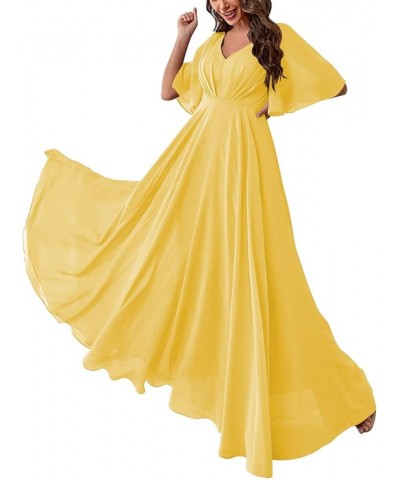 Women Slit Bridesmaid Dresses Batwing Sleeves V Neck Long Chiffon Formal Party Evening Dress with Pocket ABC093 Lemon Yellow ...