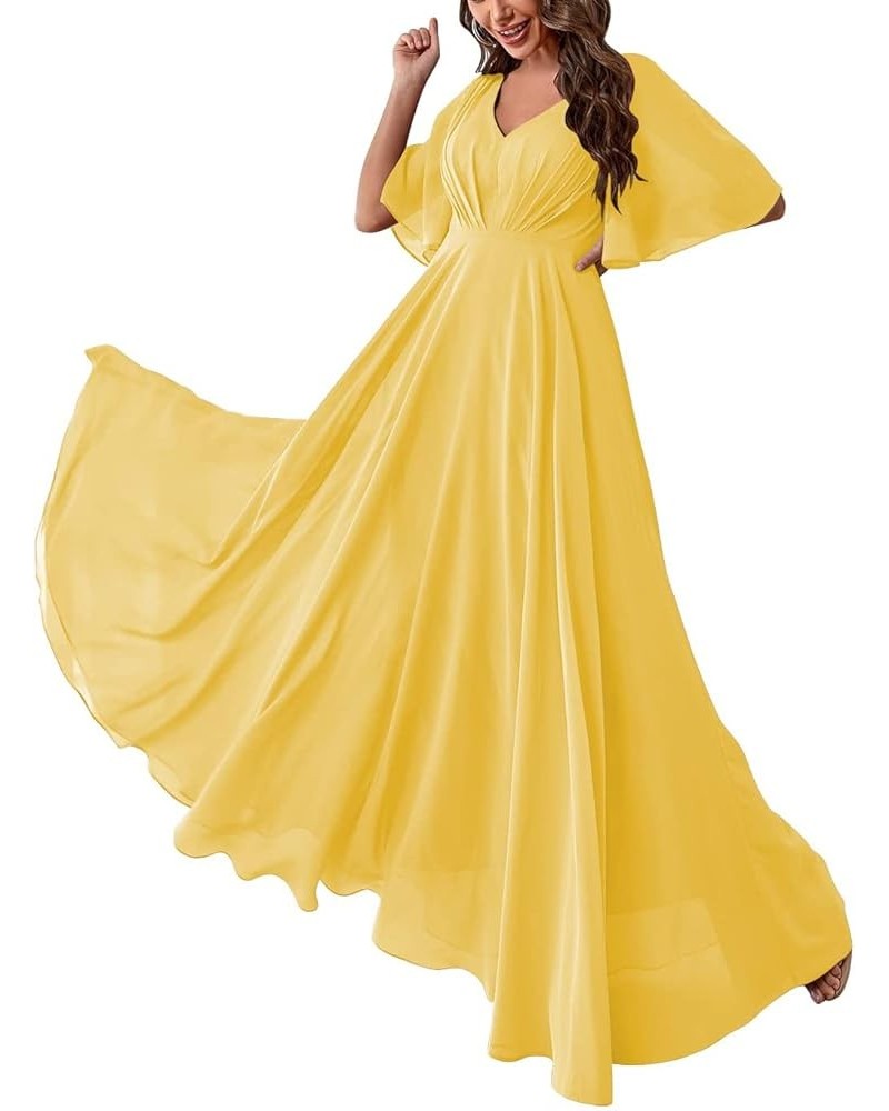 Women Slit Bridesmaid Dresses Batwing Sleeves V Neck Long Chiffon Formal Party Evening Dress with Pocket ABC093 Lemon Yellow ...