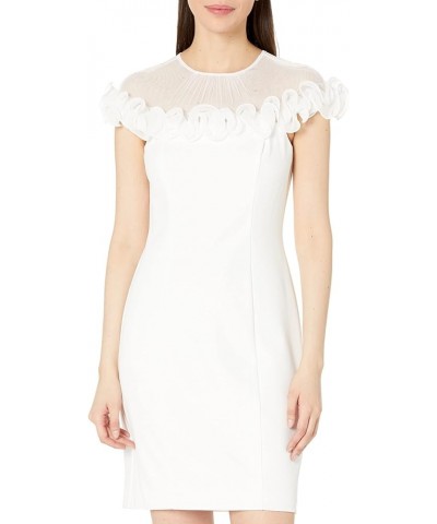 Stretch Knit Crepe Sheath Dress with Illusion Neckline & Ruffle Detail Ivory $24.60 Dresses