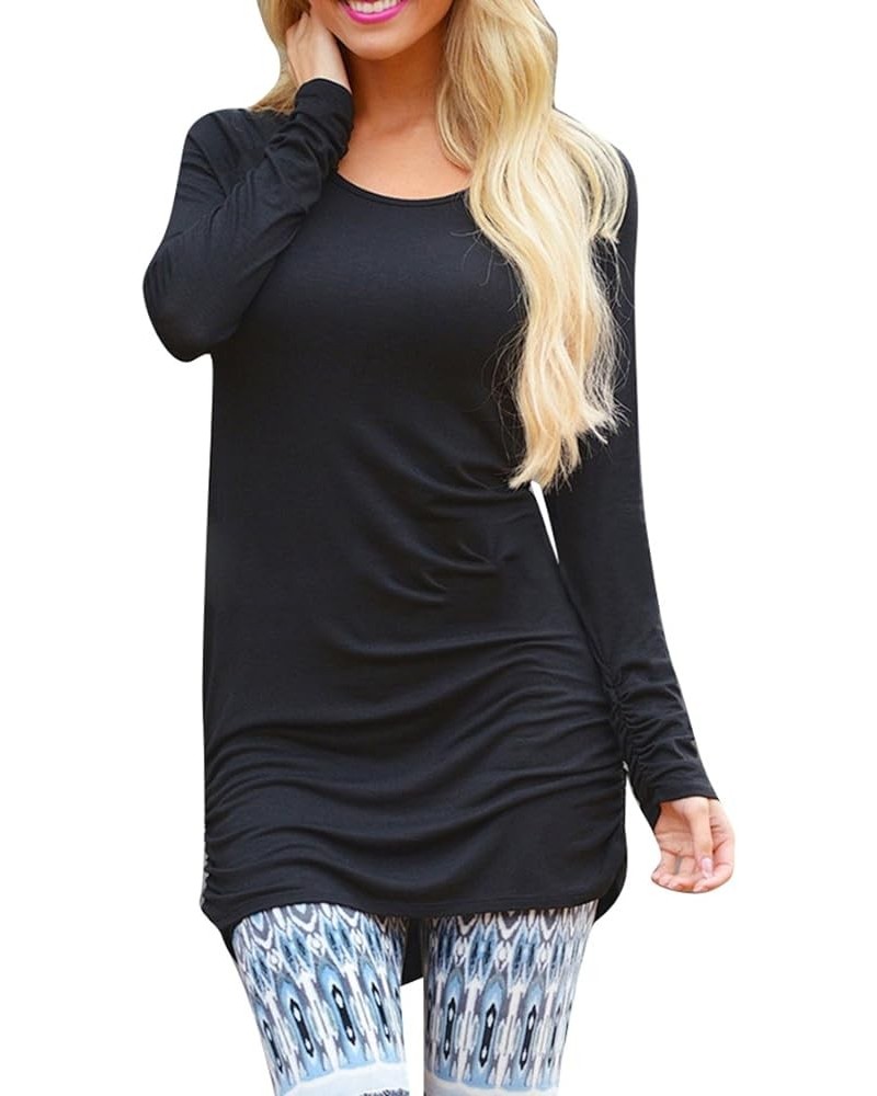 Women's Casual Long Sleeve Slim Ruched Tunic Tshirt Dress to Wear with Leggings 01 - Black $8.40 Tops