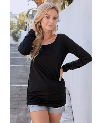 Women's Casual Long Sleeve Slim Ruched Tunic Tshirt Dress to Wear with Leggings 01 - Black $8.40 Tops