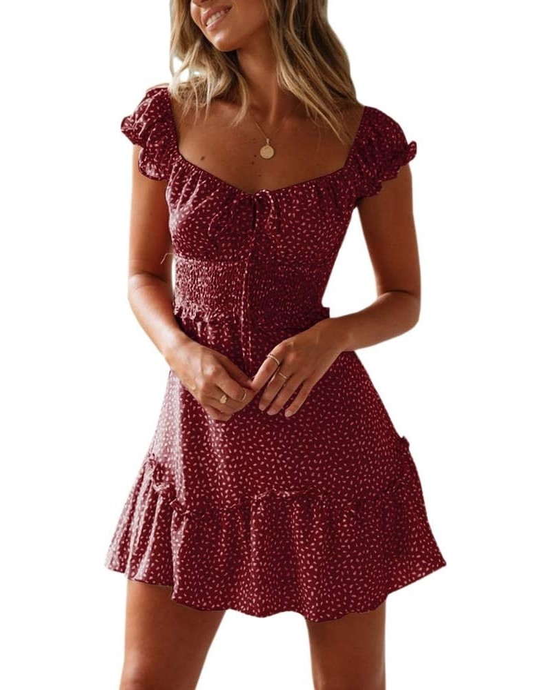 Women's Summer Ruffle Sleeve Sweetheart Neckline Printing Dress Mini Dress Wine Red $19.78 Dresses