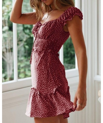 Women's Summer Ruffle Sleeve Sweetheart Neckline Printing Dress Mini Dress Wine Red $19.78 Dresses