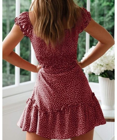 Women's Summer Ruffle Sleeve Sweetheart Neckline Printing Dress Mini Dress Wine Red $19.78 Dresses