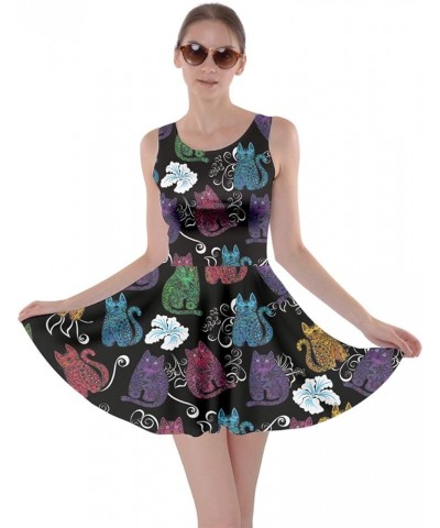 Womens Cats Kitten Meow Paw Pet Kitty Animals Claw Skater Dress, XS-5XL Colorful Cat Dark $17.39 Dresses