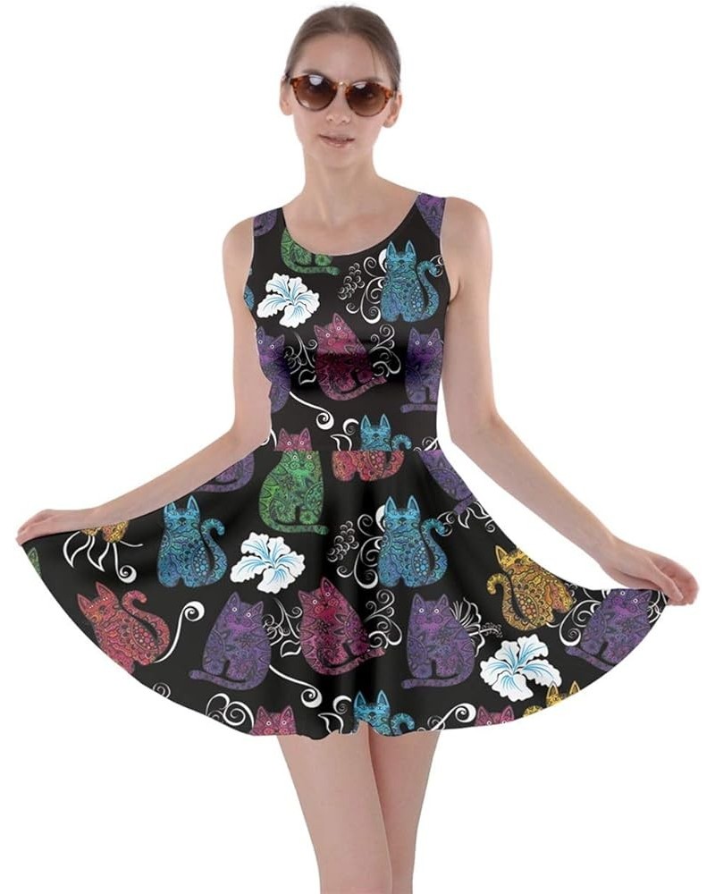 Womens Cats Kitten Meow Paw Pet Kitty Animals Claw Skater Dress, XS-5XL Colorful Cat Dark $17.39 Dresses