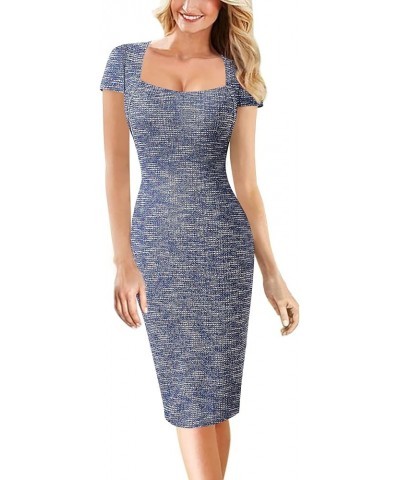 Womens Square Neck Work Business Cocktail Party Bodycon Sheath Dress Blue Tweed-2 $20.68 Dresses