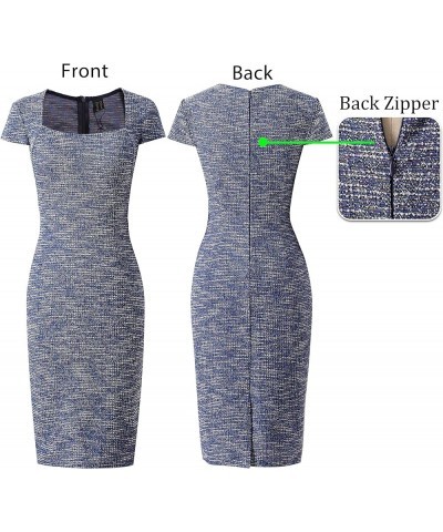 Womens Square Neck Work Business Cocktail Party Bodycon Sheath Dress Blue Tweed-2 $20.68 Dresses