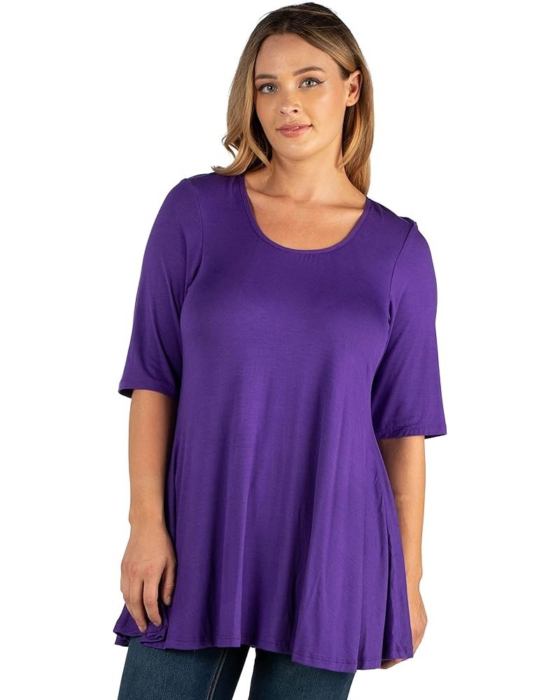 Women Elbow Length Sleeve Solid Color Swing Flared Tunic Top - Multiple Sizes and Color Purple $15.17 Tops