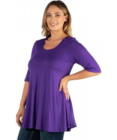 Women Elbow Length Sleeve Solid Color Swing Flared Tunic Top - Multiple Sizes and Color Purple $15.17 Tops