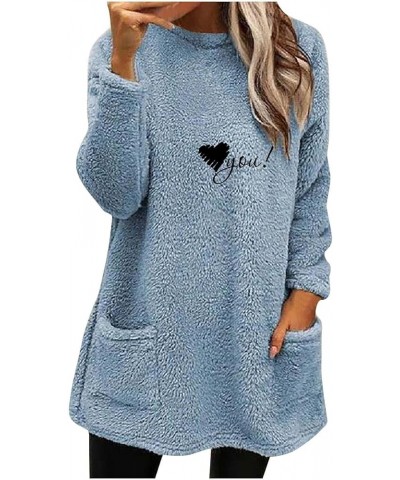 Women’s Sherpa Fleece Shirts Long Sleeve Heart Print Cozy Warm Tops Round Neck Loose Casual Winter Sweatshirts 4 Light Blue $...