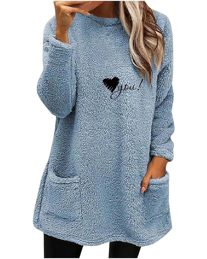 Women’s Sherpa Fleece Shirts Long Sleeve Heart Print Cozy Warm Tops Round Neck Loose Casual Winter Sweatshirts 4 Light Blue $...