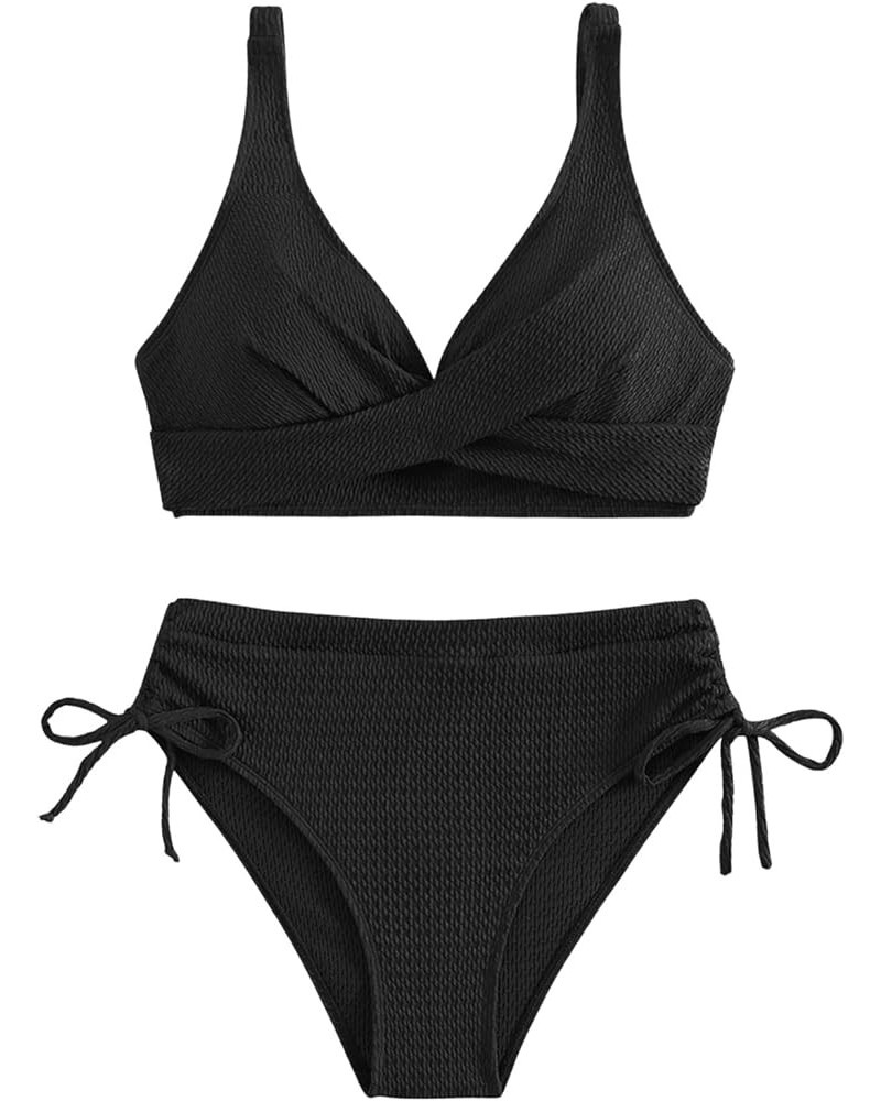 Women's 2 Piece Bikini Swimsuit Wrap Drawstring High Waisted Bathing Suit Black $14.40 Swimsuits