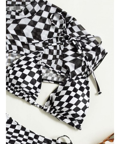 Women's 3 Pieces Checkered Tie Side Bikini Swimsuit with Cover Up Top Black and White $22.19 Swimsuits